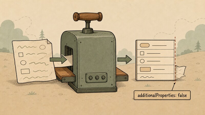 A scribbled rough note passing through a die-cutting machine and coming out as a standardized form, with a stray scrawl sticking past the edge being trimmed off by an edge labeled 'additionalProperties: false'