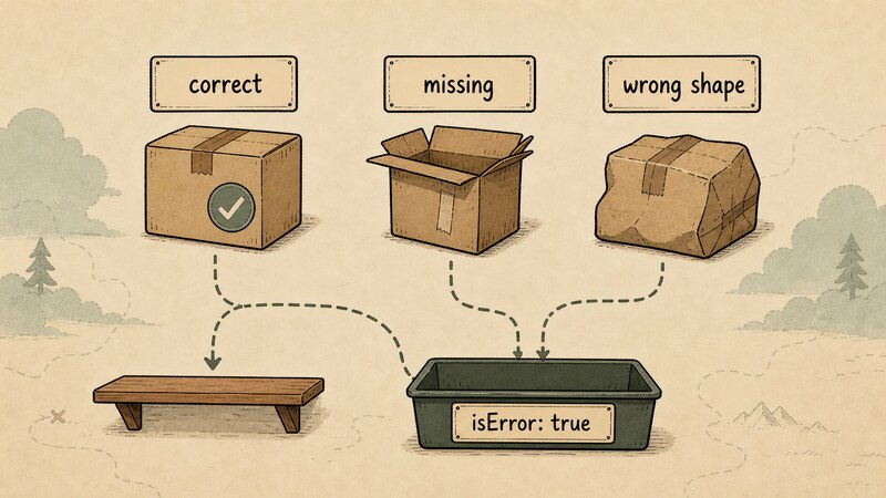 Three parcels side by side; only the leftmost, labeled 'correct', gets an approval sticker and lands on a shelf, while the middle one labeled 'missing' and the right one labeled 'wrong shape' both fall into the same return bin labeled 'isError: true'