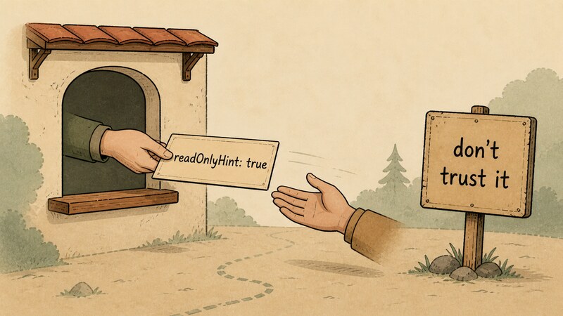 A self-declared card reading 'readOnlyHint: true' being handed over with no stamp or check at all, while a weathered signboard standing nearby reads 'don't trust it'