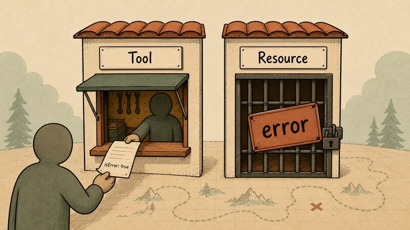 A window labeled 'Tool' quietly handing over a receipt that looks ordinary but has 'isError: true' written small in the corner, next to a window labeled 'Resource' where a closed, barred gate is stamped in large letters with 'error'