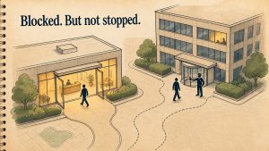 A hero illustration of a visitor stopped by a security guard at the revolving door of another office building, while next door the visitor's own building has its lit lobby standing open. The words 'Blocked. But not stopped.' are lettered across the scene.