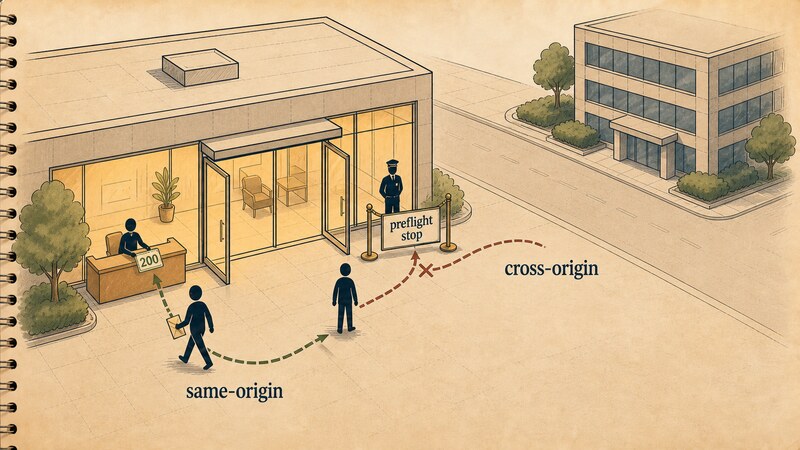 A diagram of a visitor leaving their own office building on two possible paths. The path toward a cross-origin building is stopped right at the visitor's own lobby door by a guard holding up a rope marked 'preflight stop', while the path toward the same-origin front desk passes right through and ends with a '200' stamp. The labels 'cross-origin' and 'same-origin' mark the two paths.