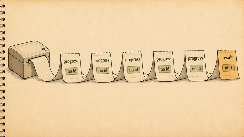 A diagram of a paper ribbon feeding out of a receipt printer, carrying five unnumbered progress slips labeled 'progress' and 'no id', followed at the end by one numbered final slip labeled 'result' and 'id: 1'.