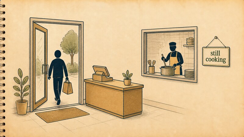 A humorous illustration of a customer's back as they walk out of a restaurant after paying, while through a small kitchen window in the background a cook is still quietly stirring a pot for the same order. A sign reading 'still cooking' hangs by the window.