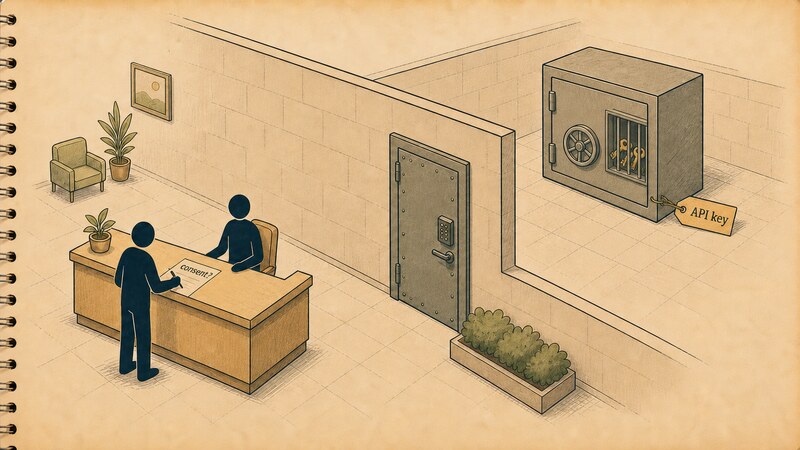 An illustration of a user signing a consent form at a front desk counter, while in a back room beyond a wall a locked vault holds a set of keys. The words 'consent?' and 'API key' are lettered near the form and the vault.