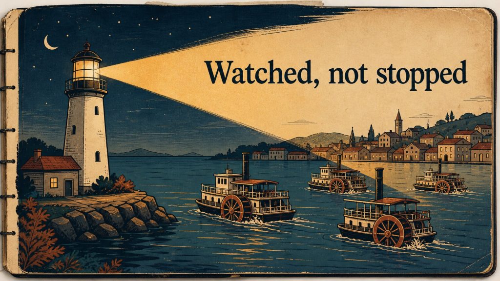 A lighthouse beam sweeping steadily over a harbor at night while several paddle-wheel boats keep turning on their own, with the words 'Watched, not stopped' worked into the scene