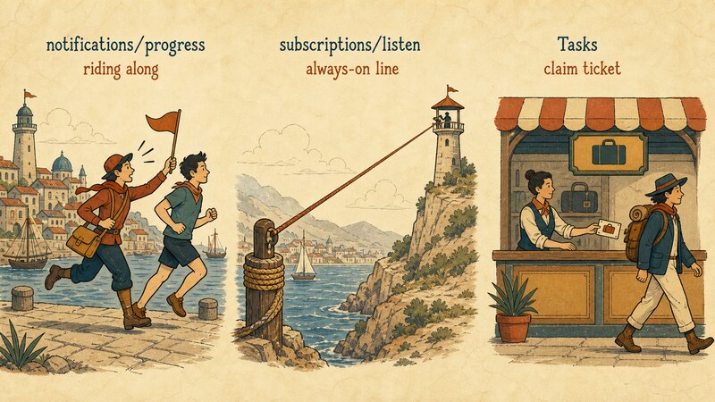 Three vignettes side by side — a runner narrating progress while jogging alongside another runner, a single unbroken line reaching a distant lookout tower, and a left-luggage clerk handing over a numbered claim ticket — labeled 'notifications/progress', 'subscriptions/listen', 'Tasks', 'riding along', 'always-on line', and 'claim ticket'
