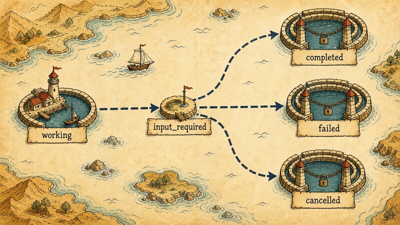 A route map showing a state diagram that starts at 'working' and branches toward three sealed harbors labeled 'completed', 'failed', and 'cancelled', each marked with a double border or a lock to show they are terminal, with a smaller waypoint labeled 'input_required' along the way