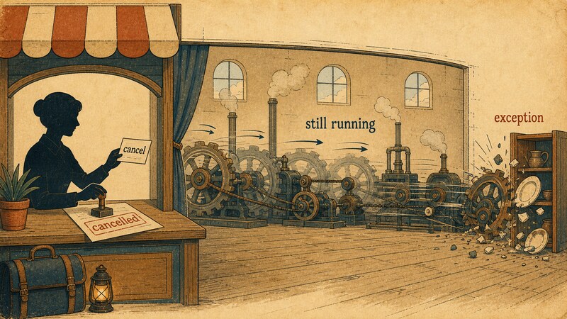 A two-part scene where a ticket window stamps a claim ticket 'cancelled' after receiving a 'cancel' request while, behind a curtain, machinery keeps working and eventually crashes into a wall labeled 'exception', with the machinery's ongoing motion labeled 'still running'