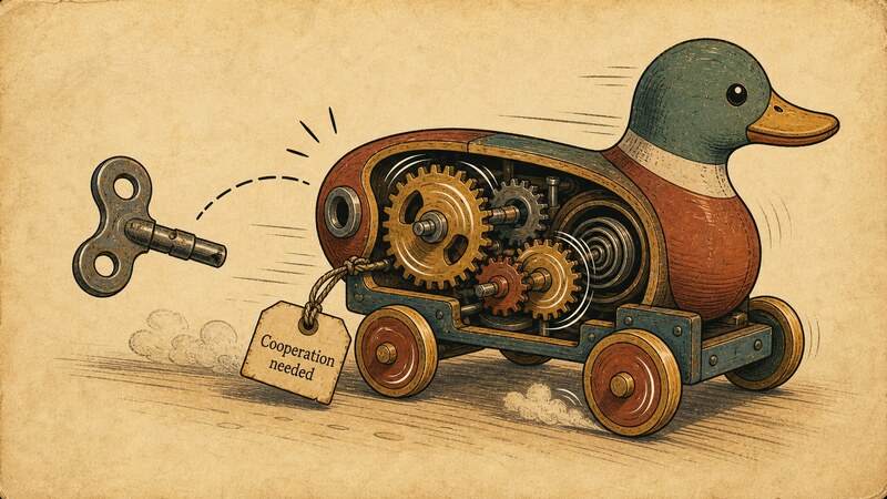 An illustration of a wind-up toy at the moment its key pops loose, with the gears inside still spinning on their own, and the small phrase 'Cooperation needed' worked into the scene