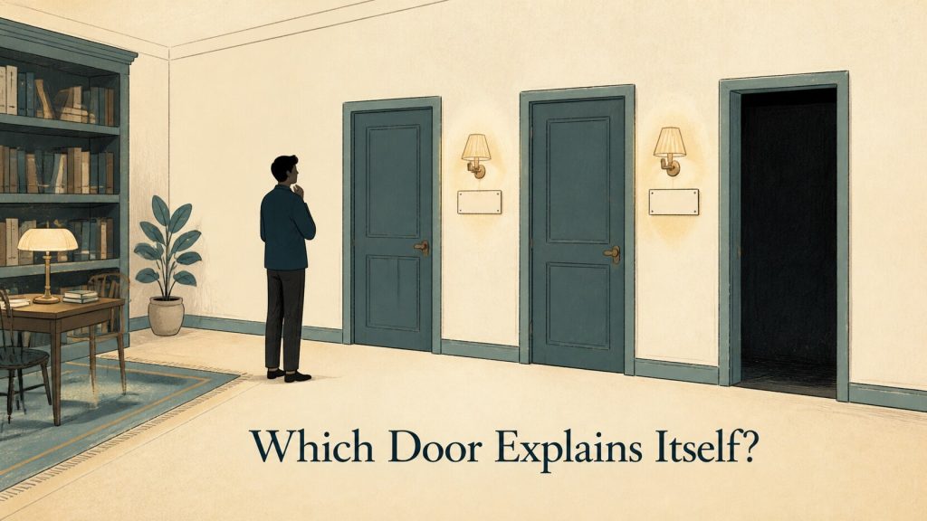 A row of doors at dusk, one lit with a readable sign and another left dark with no signal at all, with the words 'Which Door Explains Itself?' worked into the hero illustration