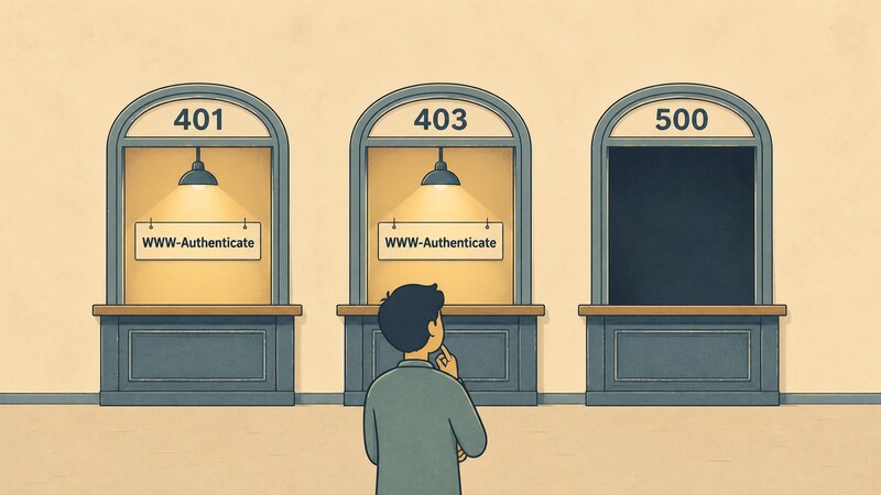 A diagram where doors marked '401' and '403' have a lit 'WWW-Authenticate' signpost, while a door marked '500' stays dark with no signal at all