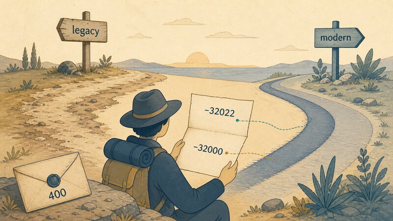 A diagram of a '400' response being opened and read, branching to 'modern' when the body says '-32022' and to 'legacy' when it says an unfamiliar code like '-32000'