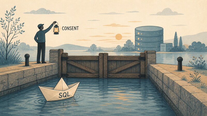 An illustration of a paper labeled 'SQL', built by an LLM, stopped short of a closed gate toward a database, waiting for a signal marked 'CONSENT'