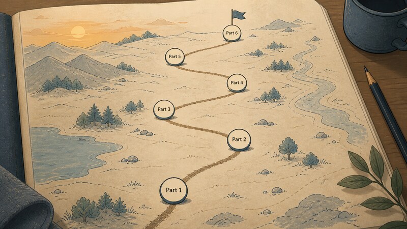 An overview map of the journey from 'Part 1' through 'Part 2', 'Part 3', 'Part 4', 'Part 5', to 'Part 6', with a flag planted at 'Part 6' marking the end of the series
