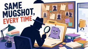 Illustration captioned 'SAME MUGSHOT, EVERY TIME' with an 'ENOENT' case file, where a detective examines the executable's mugshot with a magnifying glass while the folder that actually went missing quietly slips out through a background window