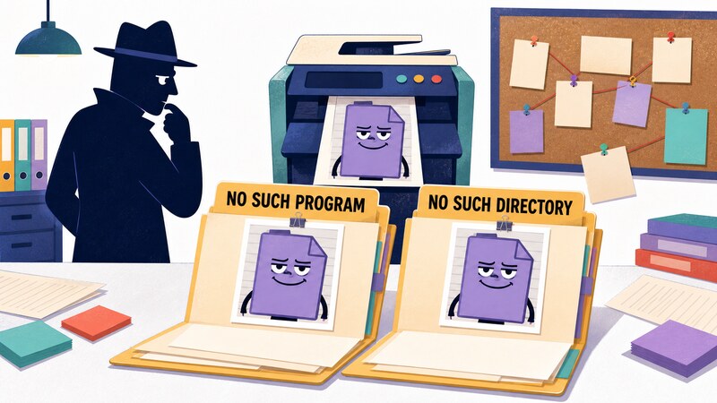 Illustration of a small copier machine stamping the exact same mugshot into two case folders labeled 'NO SUCH PROGRAM' and 'NO SUCH DIRECTORY', showing that two differently-caused cases end up with an identical photo