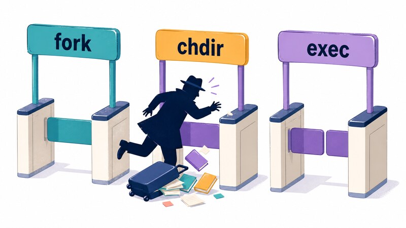 Illustration of three station gates labeled fork, chdir, and exec in a row, where a traveler passes cleanly through fork but stumbles and spills their luggage exactly at the chdir gate, leaving the exec gate beyond completely untouched
