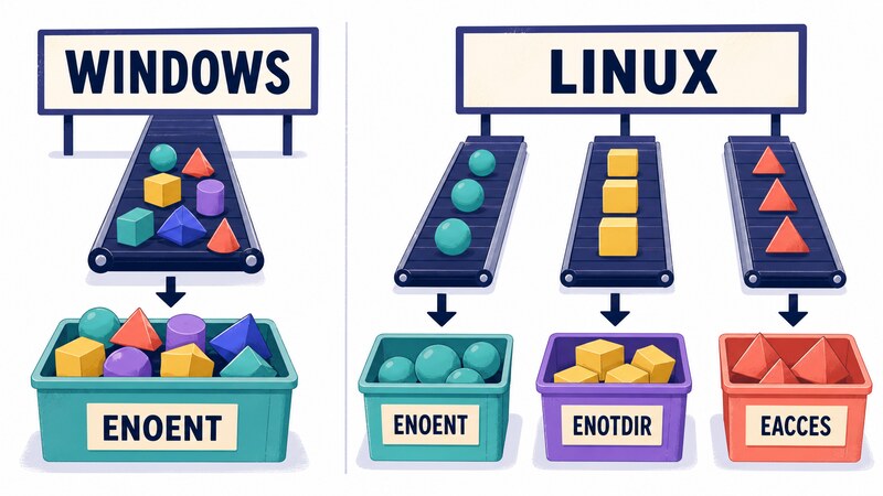 Illustration contrasting two airport security screening lanes, where the WINDOWS side funnels several differently shaped items into a single ENOENT bin while the LINUX side sorts matching items into three separate bins labeled ENOENT, ENOTDIR, and EACCES