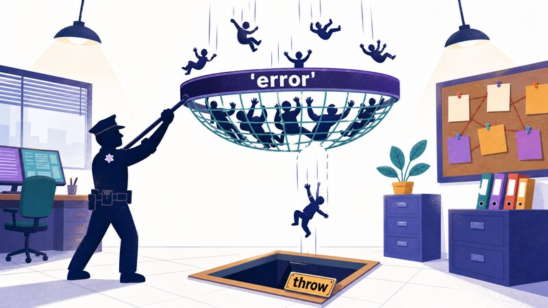 Illustration of an officer holding up a round hoop net labeled 'error' to catch small falling figures, where most are caught but one slips through a gap in the netting and drops through a floor hatch labeled throw