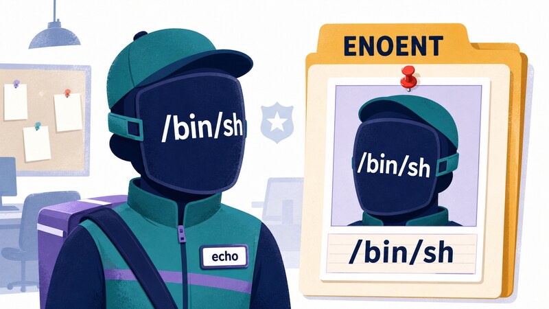 Illustration of a small delivery character whose uniform name tag reads 'echo', wearing a full mask labeled '/bin/sh' over their face, with a nearby ENOENT identification card that shows only the mask's name and none of the real one