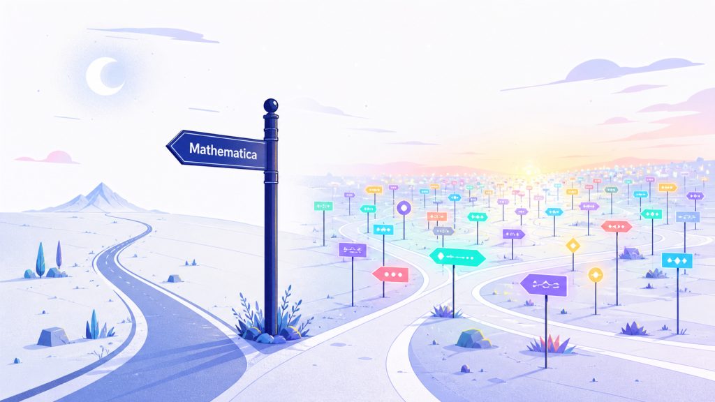 A signpost at a night-time crossroads. One arm points down a narrow single lane marked only with the word 'Mathematica'; the other side opens onto a plaza filled with countless glowing, unreadable signs pointing in every direction