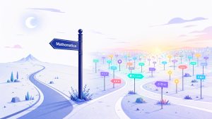 A signpost at a night-time crossroads. One arm points down a narrow single lane marked only with the word 'Mathematica'; the other side opens onto a plaza filled with countless glowing, unreadable signs pointing in every direction