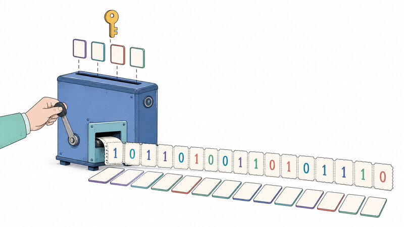 Four small word-tokens and a key-shaped coin drop into a vending machine; a lever gets pulled, and a strip of tickets rolls out, each one stamped '0' or '1' beside a row of blank word tiles