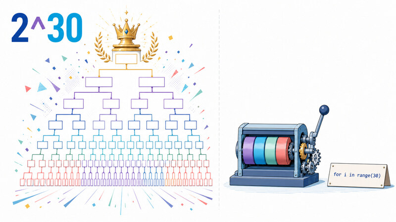 On the left, a grand championship bracket branches upward toward a crown, labeled '2^30'. On the right, a small mechanical counter clicks over once at a time, a modest sign beside it reading 'for i in range(30)'