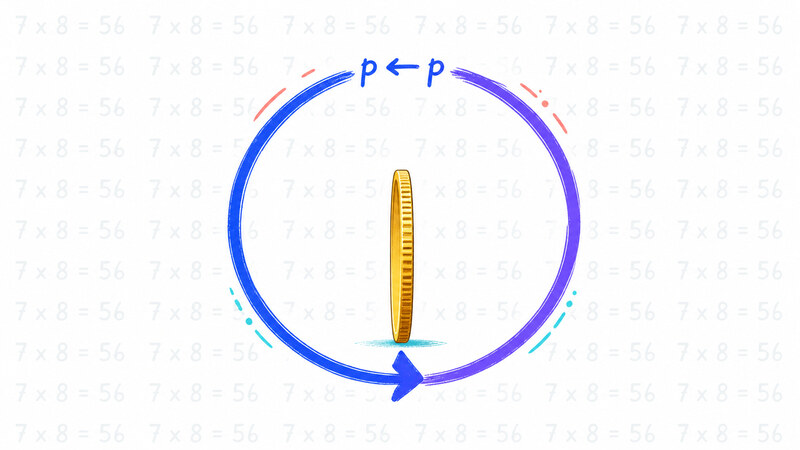 A coin balanced perfectly on its edge, with a looping arrow labeled 'p ← p' curling around and landing back on the same point. Faint chalk lines of '7 x 8 = 56' repeat in the background like a blackboard