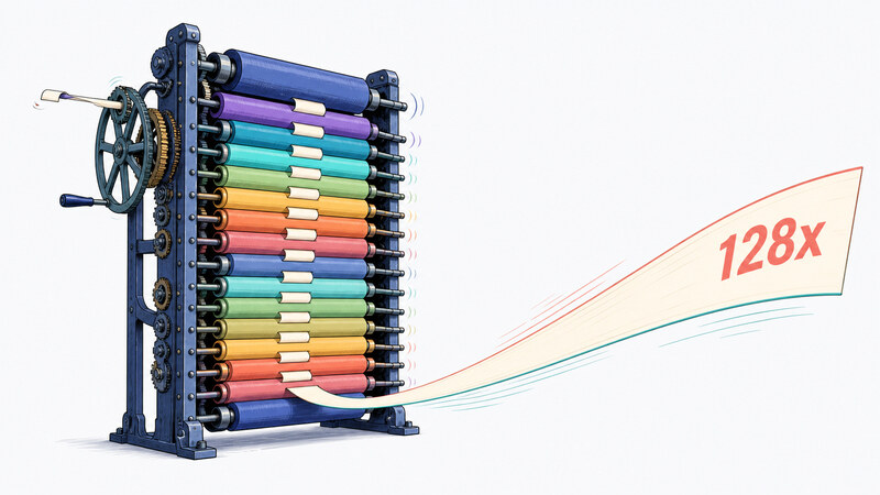 A thin sheet of paper is fed through a stack of printing-press rollers, each one stretching it a little further, until the final length is marked '128x'