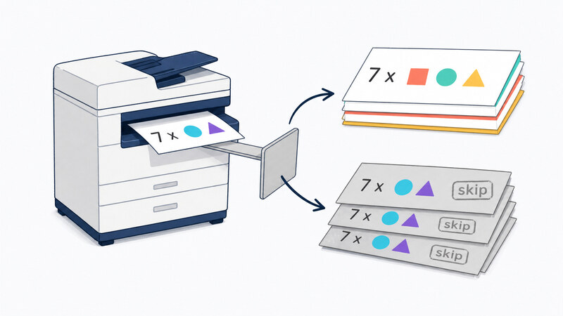A photocopier prints the same line, '7 x', over and over; every repeated copy gets a gray 'skip' stamp, while the copies that differ stay crisp and unmarked