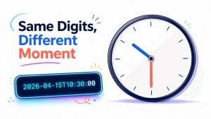 A wall clock and a strip of digital timestamp digits float side by side under the words 'Same Digits, Different Moment', hinting that identical numbers can point to different times
