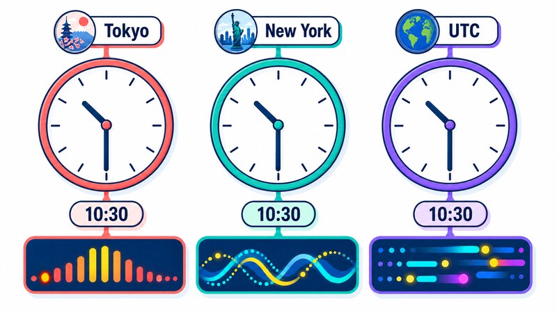 An airport arrivals-hall wall of clocks labeled 'Tokyo', 'New York', and 'UTC', each frozen at '10:30', with a different ticking readout behind each one