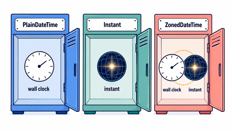 Three luggage lockers labeled 'PlainDateTime', 'Instant', and 'ZonedDateTime' each accept a different combination of a 'wall clock' icon and an 'instant' icon
