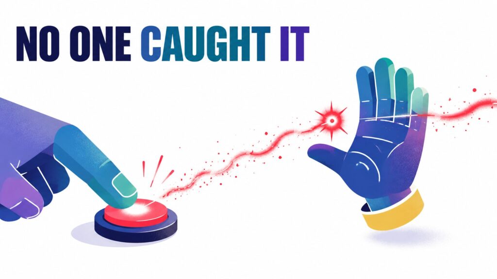 A hero illustration headlined NO ONE CAUGHT IT, showing a fingertip pressing a button while a small red spark slips past an open hand and off the edge of the frame, unseen