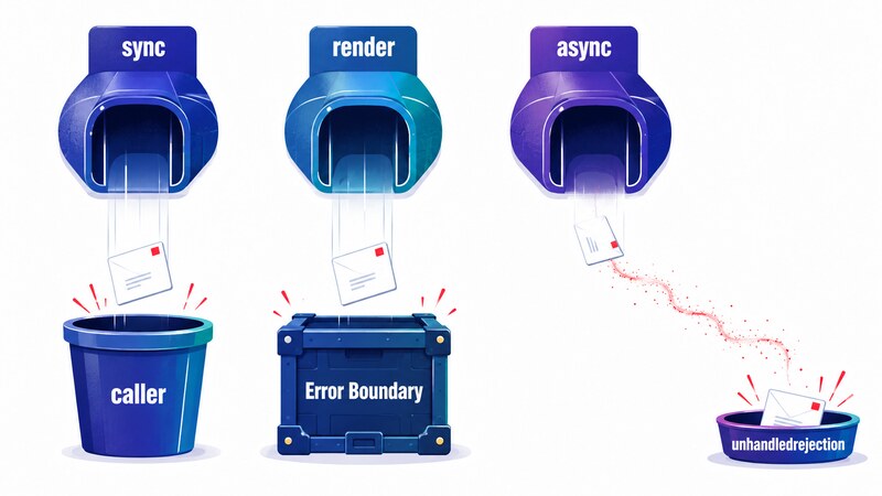 A diagram contrasting three arrows: a synchronous handler's exception returns to the caller, a render exception is caught by the Error Boundary, and an async handler's exception escapes to unhandledrejection