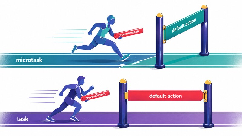 A diagram showing a preventDefault call sneaking in before the default action runs when queued as a microtask, but landing after the default action runs once queued as a task