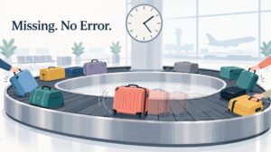 An illustration of a rotating airport baggage carousel beneath a large station clock, captioned 'Missing. No Error.', where a single suitcase keeps circling forever while every other bag has already been claimed