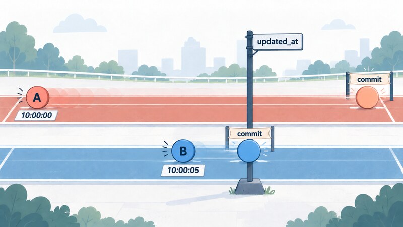 An illustration of two lanes on a racetrack laid out along an updated_at axis — transaction A starts first at 10:00:00 but reaches its commit long after, while transaction B starts later at 10:00:05 and reaches its commit immediately, so the boundary marker comes to rest at 10:00:05, stays pinned there, and never comes back for A