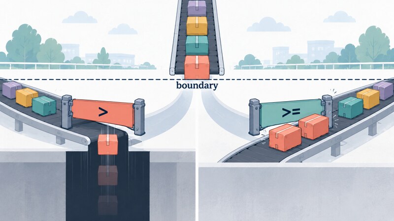 An illustration of a single gate at a boundary line splitting into two outcomes — a box sitting exactly on the line falls through a `>` gate and is lost, while the same box passes back through a `>=` gate together with the rows that follow it
