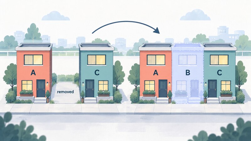 An illustration of two matching buildings side by side — in the source building rooms A and C are occupied but room B is an empty lot marked removed, while in the destination building A, B and C all still appear and B is a translucent, ghost-like tenant that nobody notices