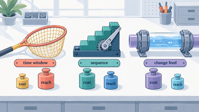 An illustration of a workbench holding three tools side by side — a wide net, a rising staircase gauge, and a flowing pipe — each labeled with how far it reaches and what it costs, representing overlapping time windows, monotonic sequence numbers, and change feeds