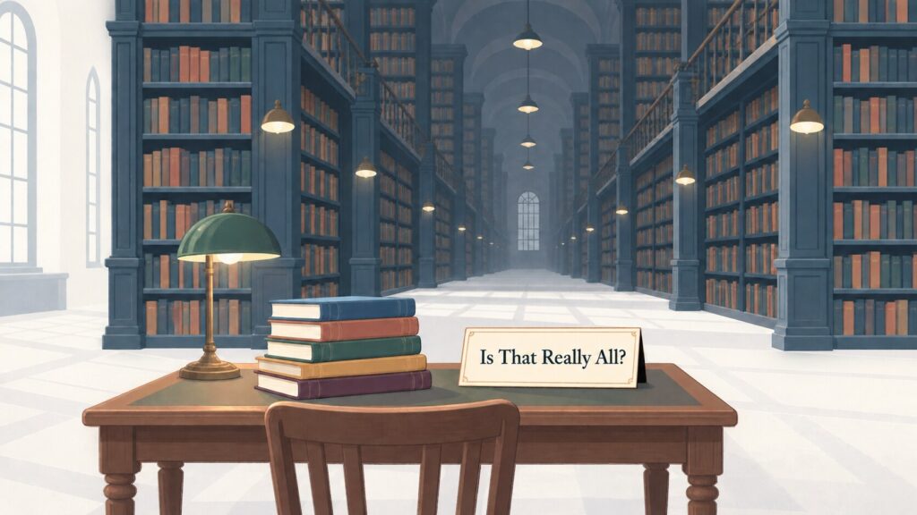 An illustration of a grand old library reading room, where a small front table holds a handful of books beside a placard captioned 'Is That Really All?', while endless shelving packed with far more books recedes into shadow behind it