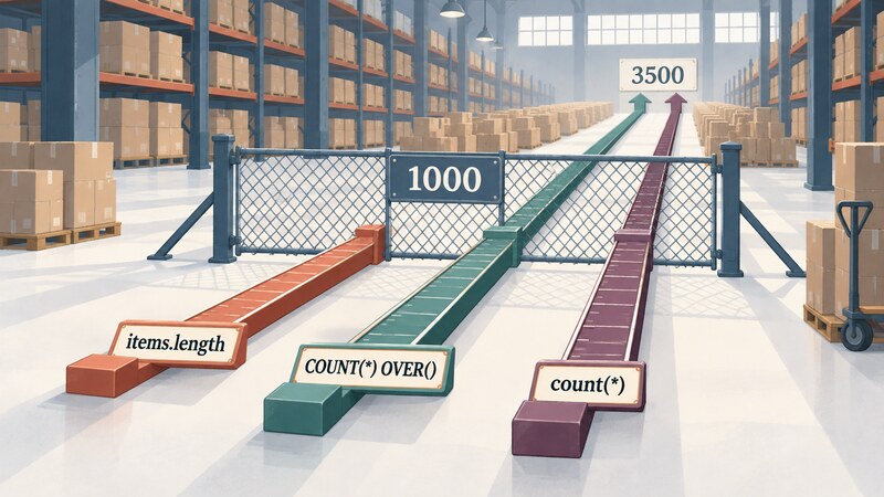 A warehouse gate marked 1000 with a pile of parcels stacked behind it up to a far wall marked 3500, where a gauge labeled items.length stops right at the gate while gauges labeled COUNT(*) OVER() and count(*) reach all the way to the far wall