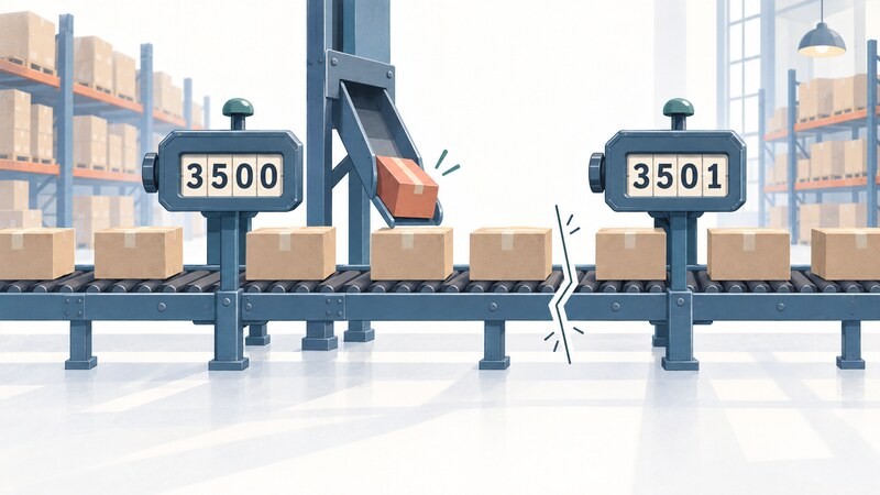 A tally counter reading 3500 beside a conveyor of parcels, with one more parcel quietly joining from a side chute right after the reading was taken, so a second counter further along reads 3501, showing the gap between the earlier count and the later actual total
