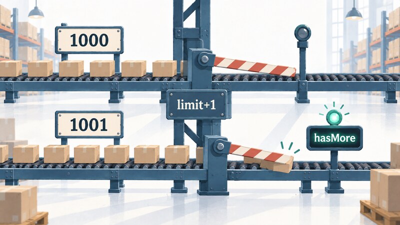 A limit+1 check drawn as a toll gate with two lanes, where exactly 1000 tokens pass through cleanly as the gate arm closes flush behind the last one, while in the other lane 1001 tokens are sent through and the extra one pokes past the closing arm, lighting up a hasMore signal