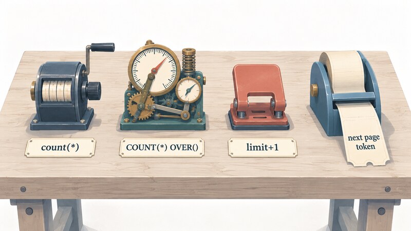 A workbench with four distinct tools laid out side by side, labeled count(*), COUNT(*) OVER(), limit+1, and next page token, each a different shape and size to suggest their different costs and guarantees