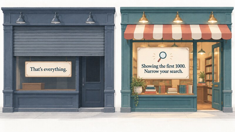A blunt, shuttered shopfront with a plain sign reading 'That's everything.' on the left, contrasted with a warmer, welcoming shopfront on the right with a helpful sign reading 'Showing the first 1000. Narrow your search.'