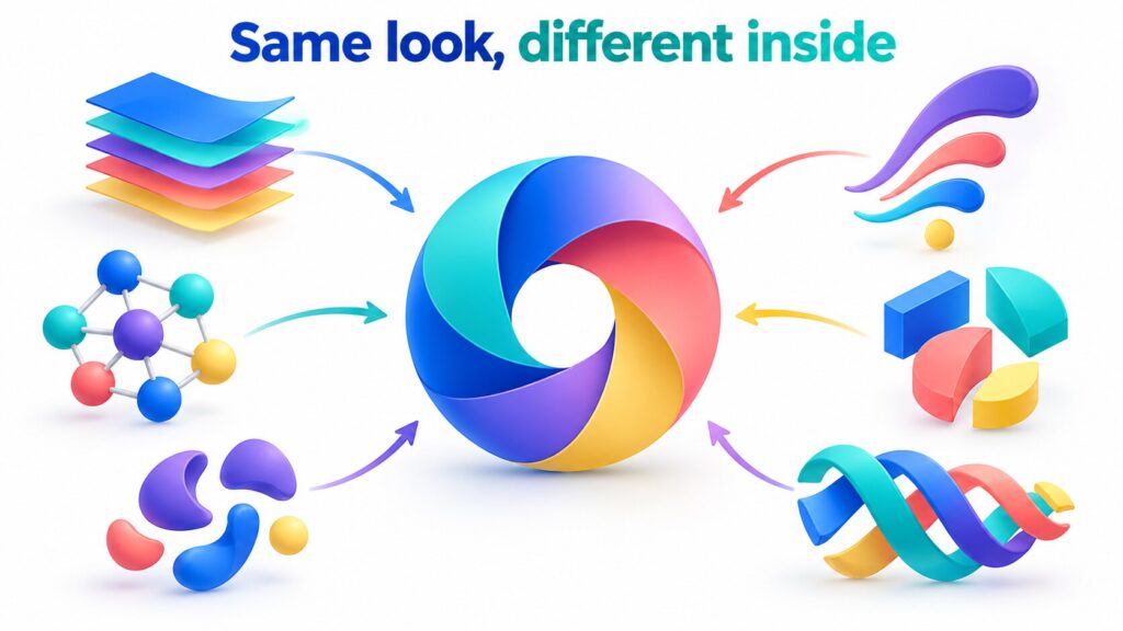 The words “Same look, different inside” above distinct internal structures settling into one stable form